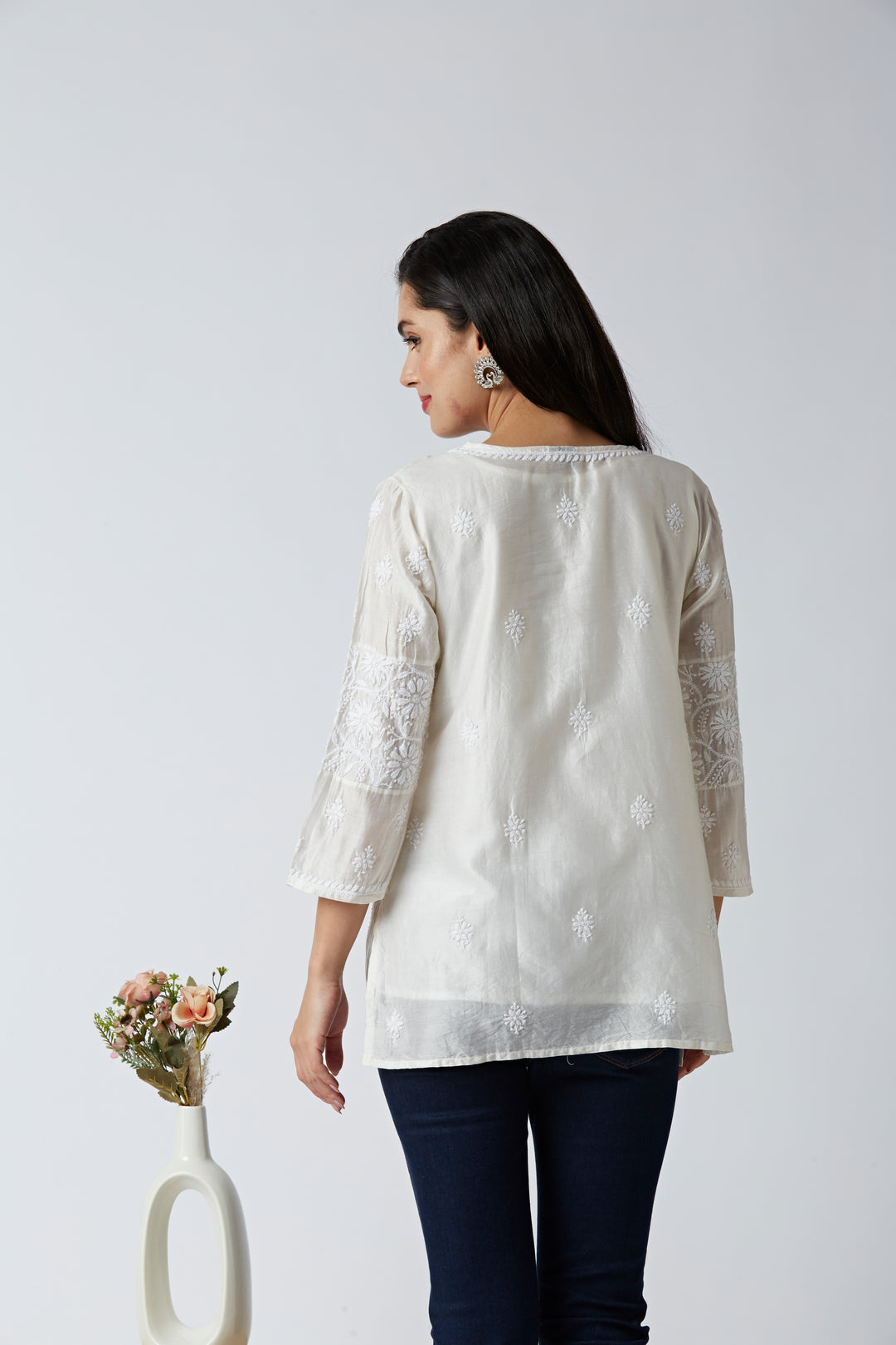 CAMILA CHANDERI CHIKANKARI SHORT KURTI