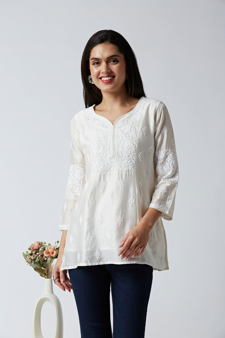 CAMILA CHANDERI CHIKANKARI SHORT KURTI