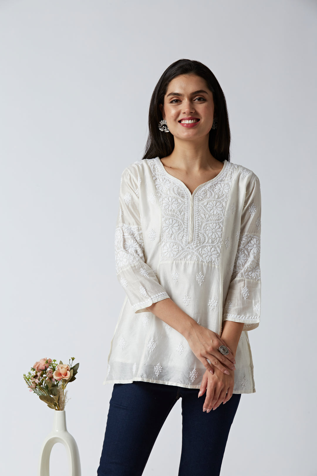 CAMILA CHANDERI CHIKANKARI SHORT KURTI