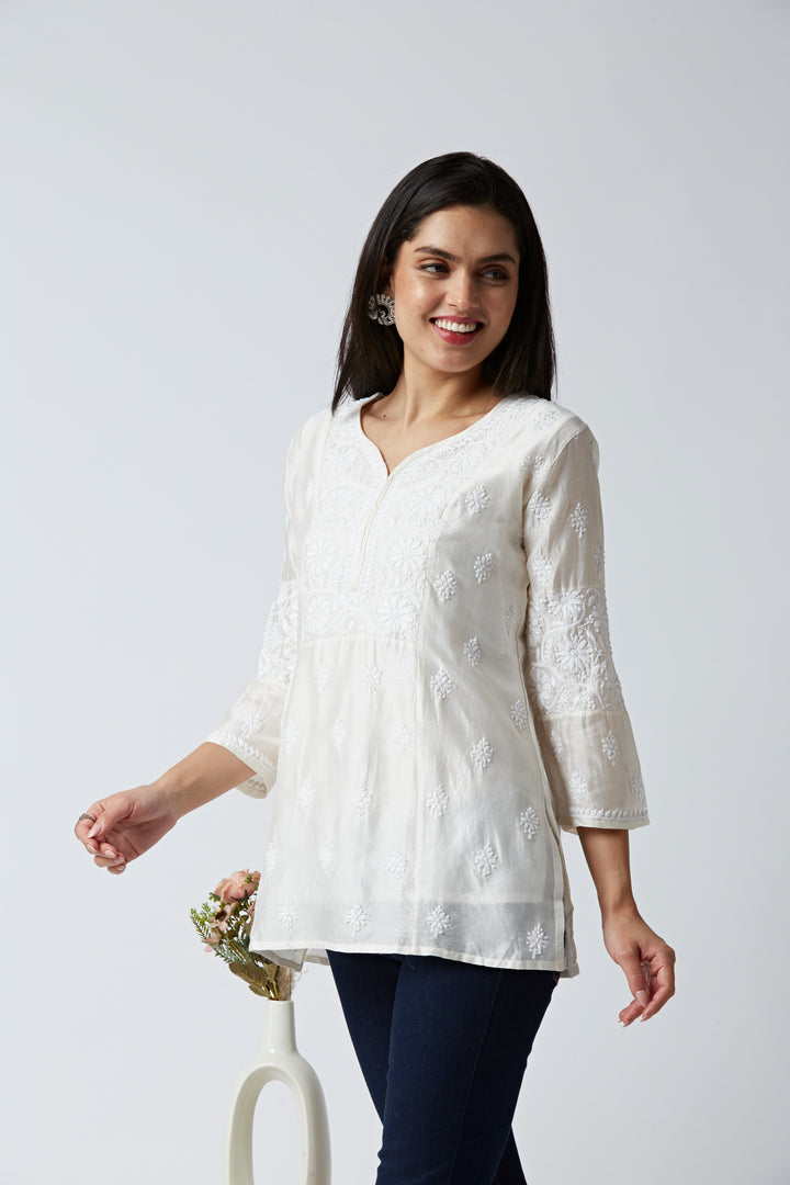 CAMILA CHANDERI CHIKANKARI SHORT KURTI