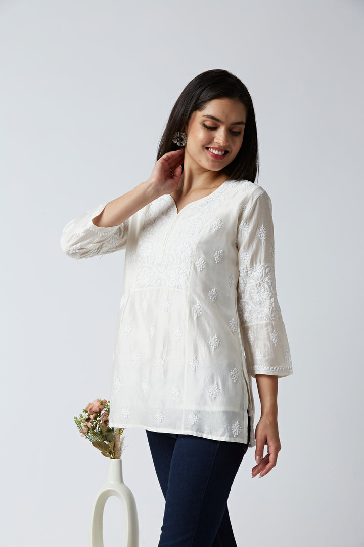 CAMILA CHANDERI CHIKANKARI SHORT KURTI