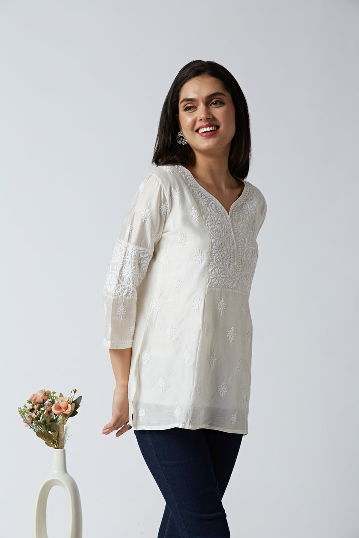 CAMILA CHANDERI CHIKANKARI SHORT KURTI