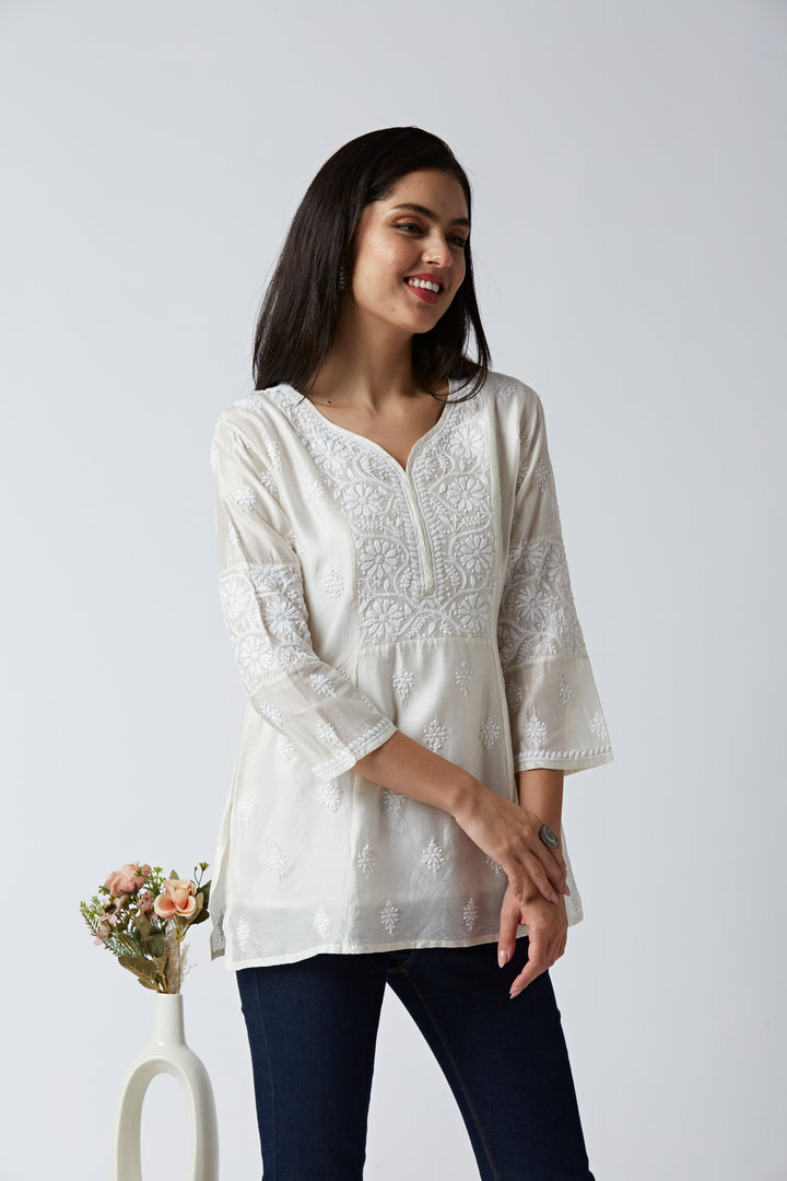 CAMILA CHANDERI CHIKANKARI SHORT KURTI