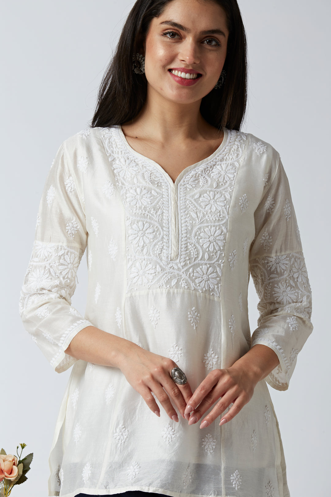 CAMILA CHANDERI CHIKANKARI SHORT KURTI