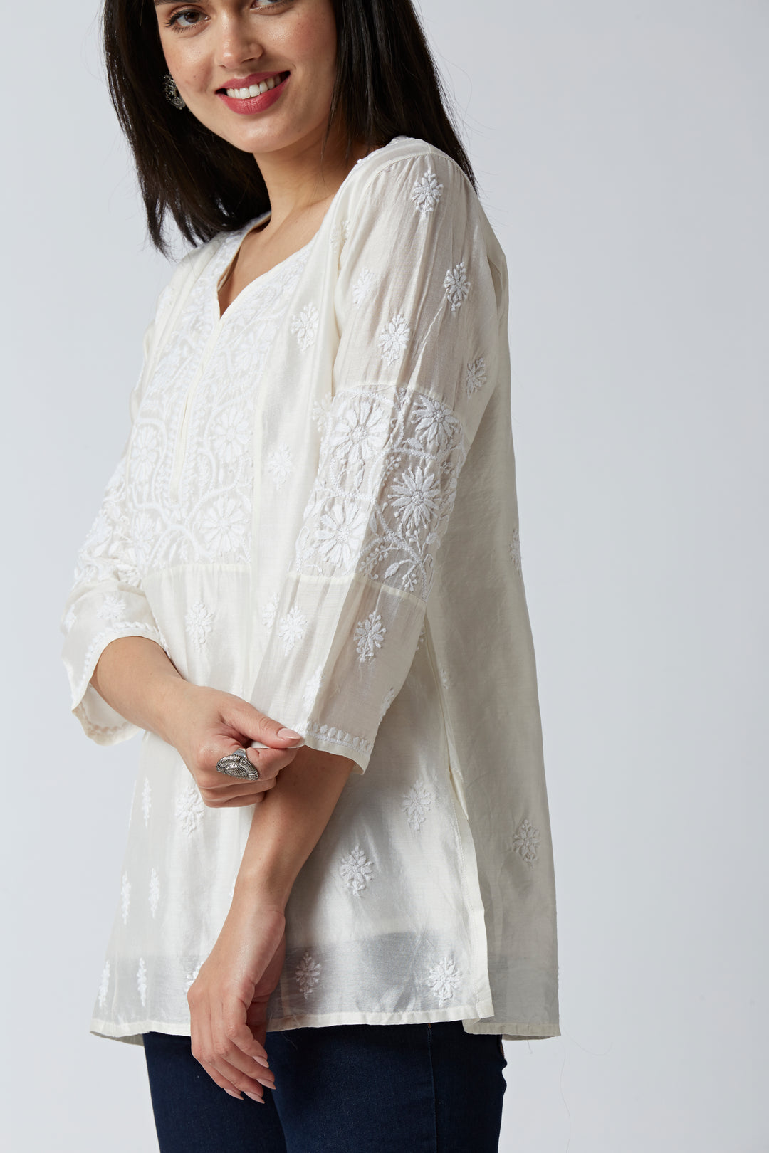 CAMILA CHANDERI CHIKANKARI SHORT KURTI