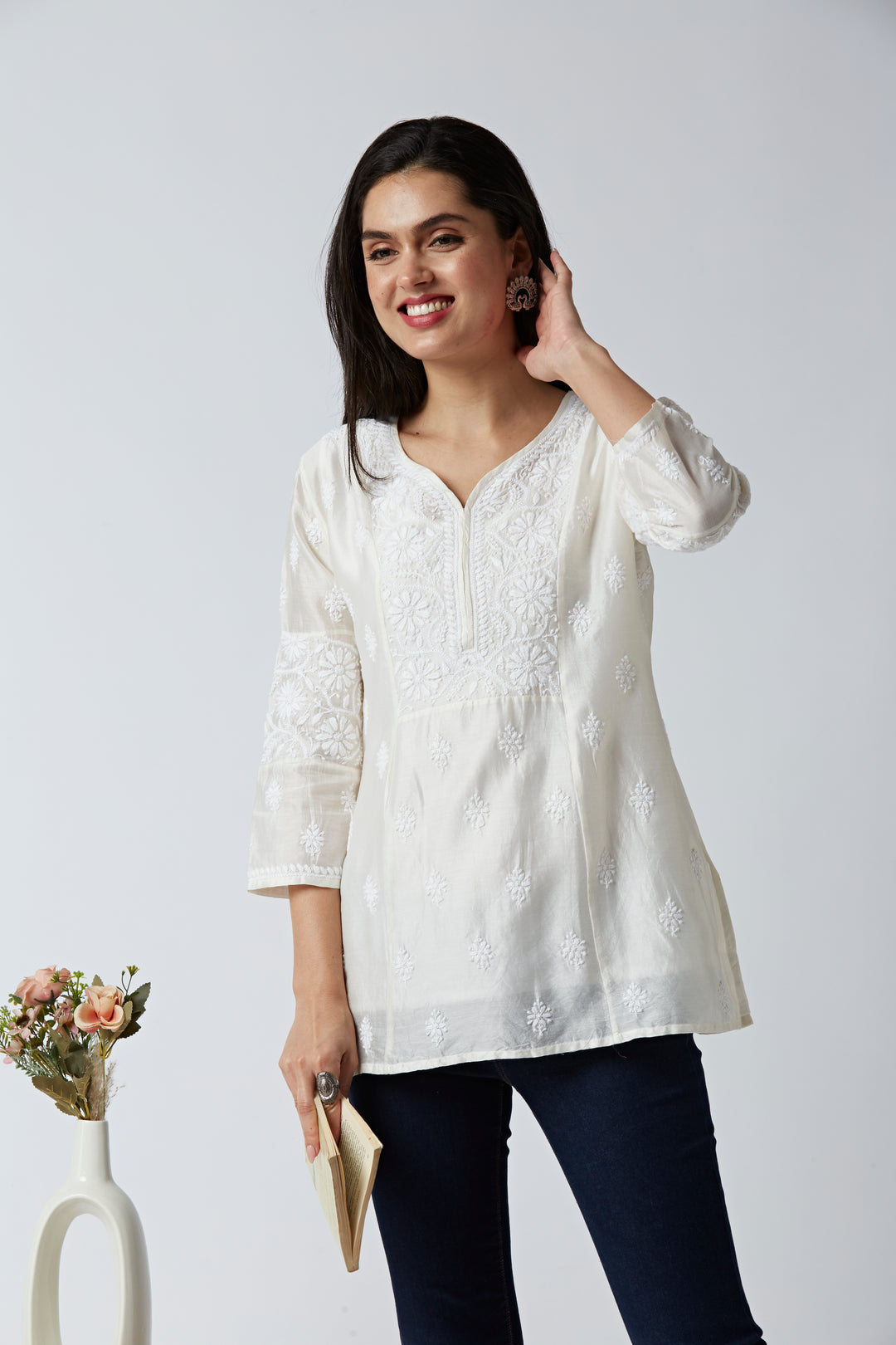 CAMILA CHANDERI CHIKANKARI SHORT KURTI