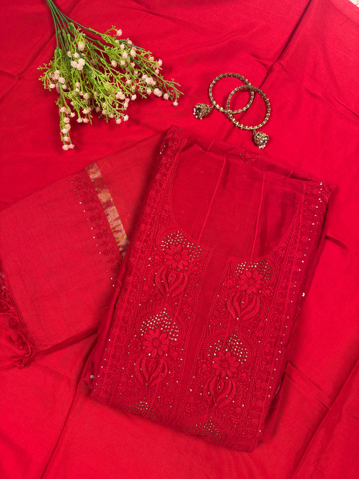 Red Chanderi Unstitched Kurta Dupatta Set with Mukaish
