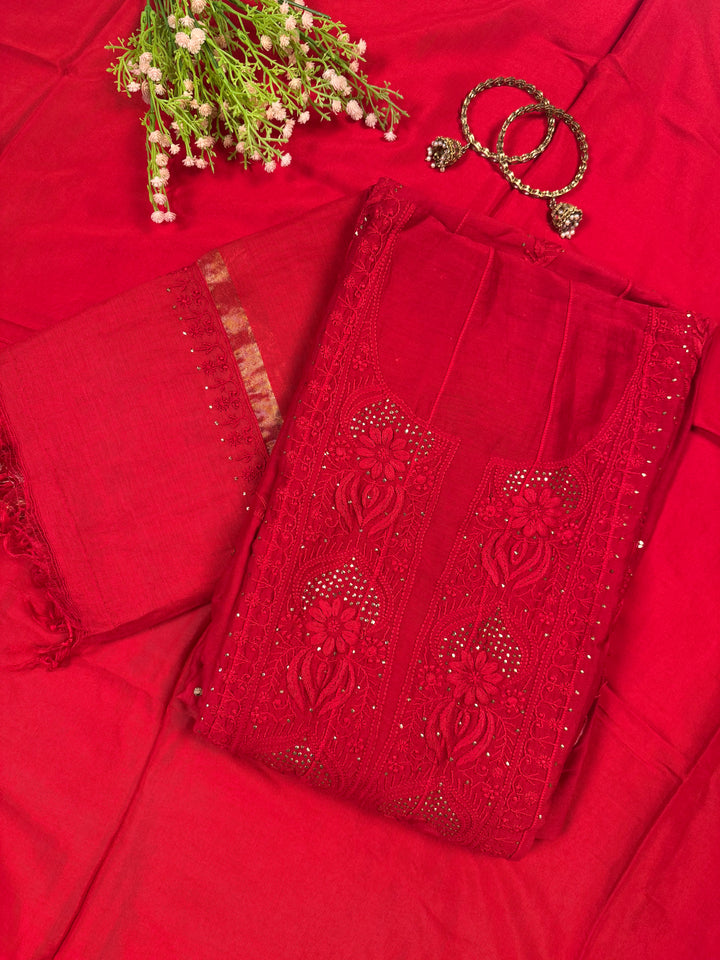 Red Chanderi Unstitched Kurta Dupatta Set with Mukaish