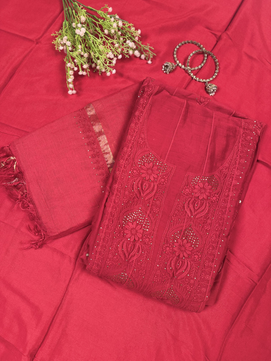 Red Chanderi Unstitched Kurta Dupatta Set with Mukaish