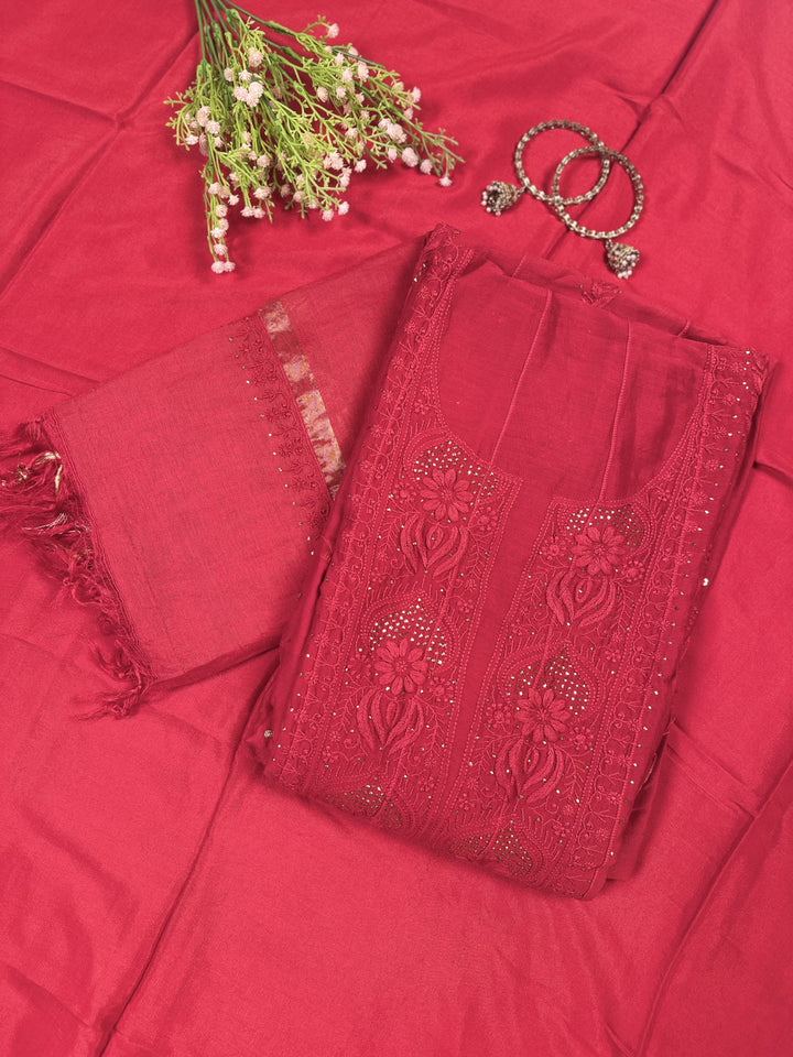 Red Chanderi Unstitched Kurta Dupatta Set with Mukaish