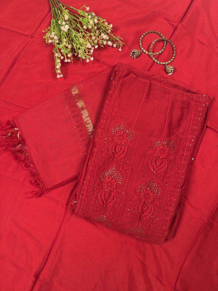 Red Chanderi Unstitched Kurta Dupatta Set with Mukaish