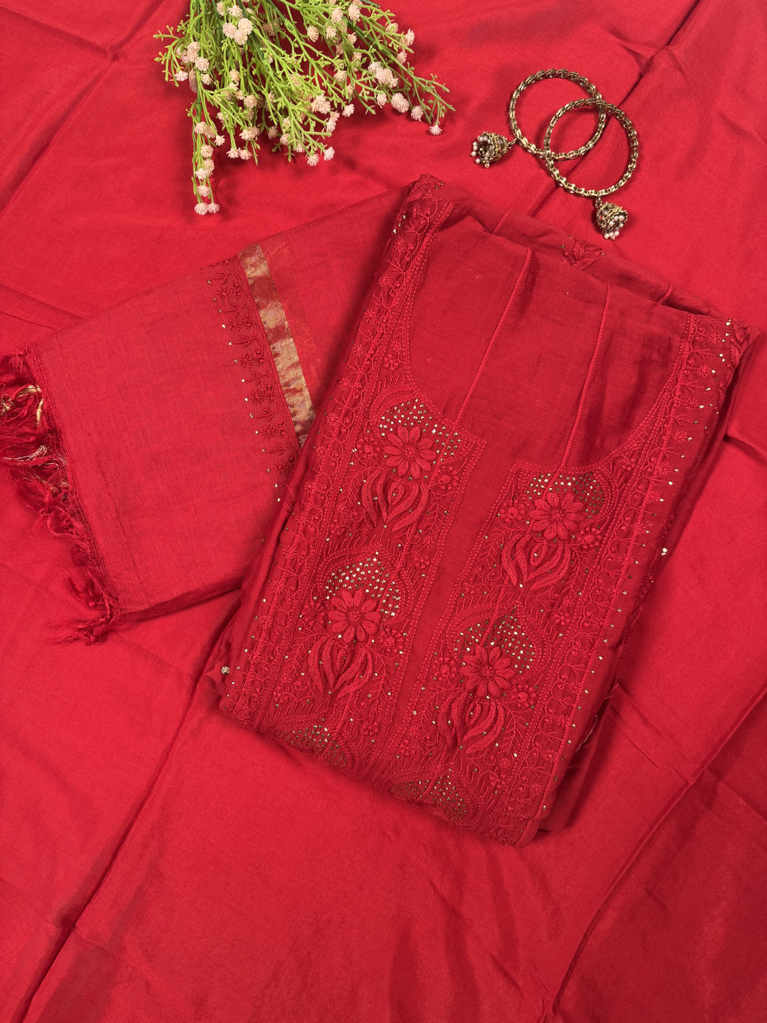 Red Chanderi Unstitched Kurta Dupatta Set with Mukaish