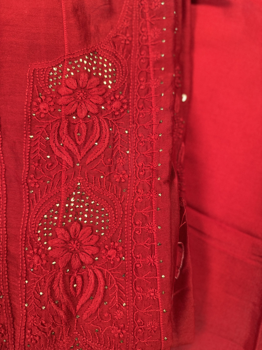 Red Chanderi Unstitched Kurta Dupatta Set with Mukaish