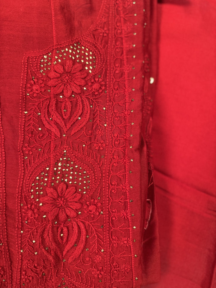 Red Chanderi Unstitched Kurta Dupatta Set with Mukaish