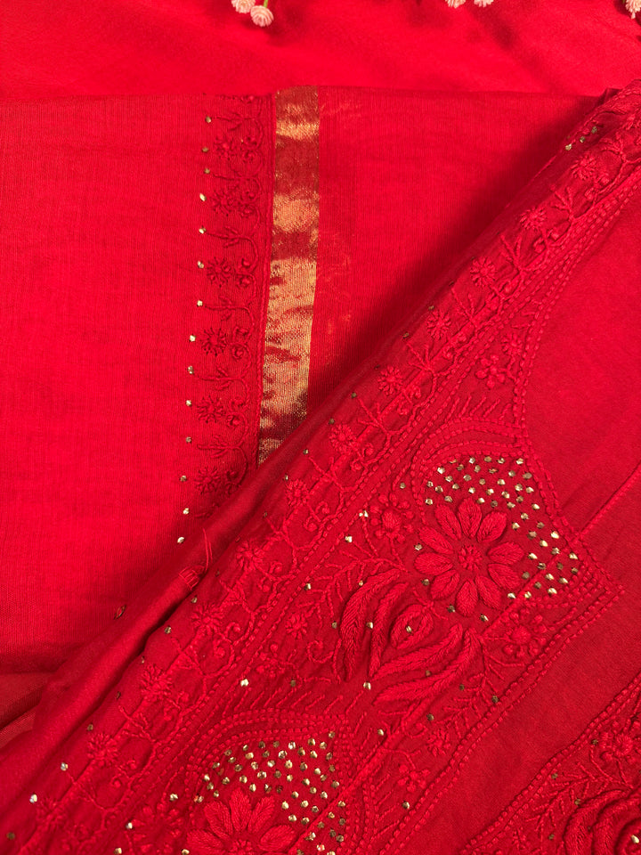 Red Chanderi Unstitched Kurta Dupatta Set with Mukaish