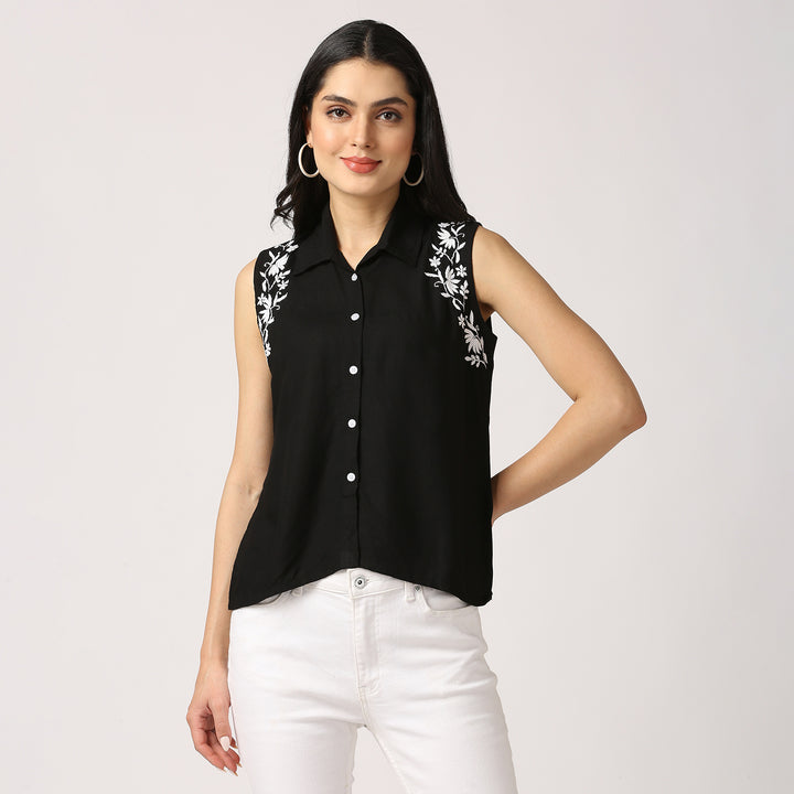 Olivia Sleeveless Chikankari Crop Top Black
