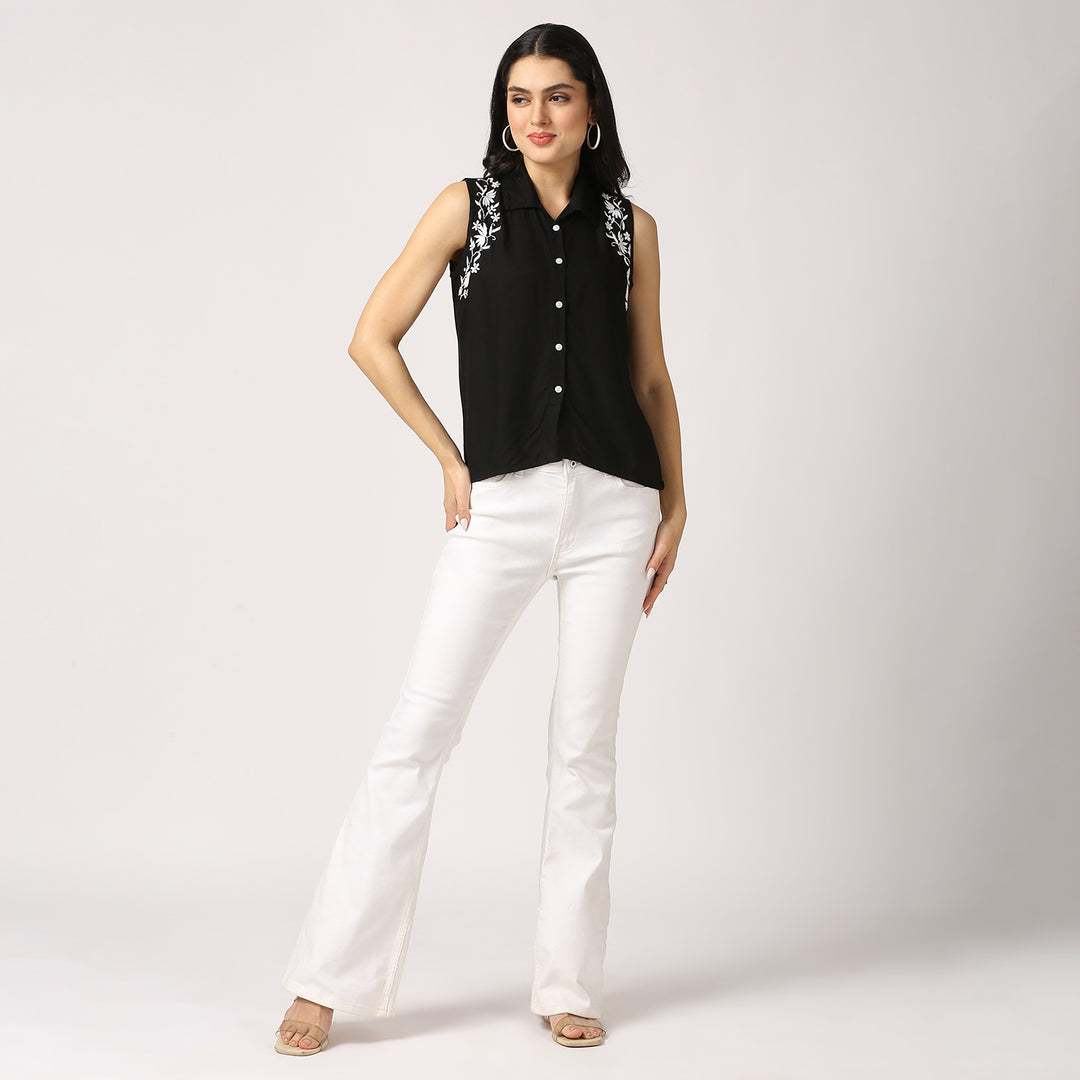 Olivia Sleeveless Chikankari Crop Top Black