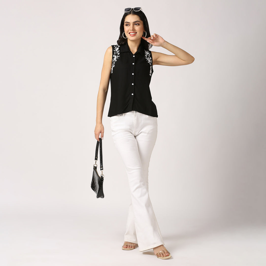 Olivia Sleeveless Chikankari Crop Top Black