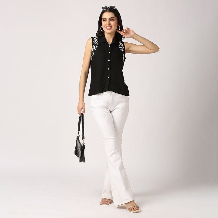 Olivia Sleeveless Chikankari Crop Top Black