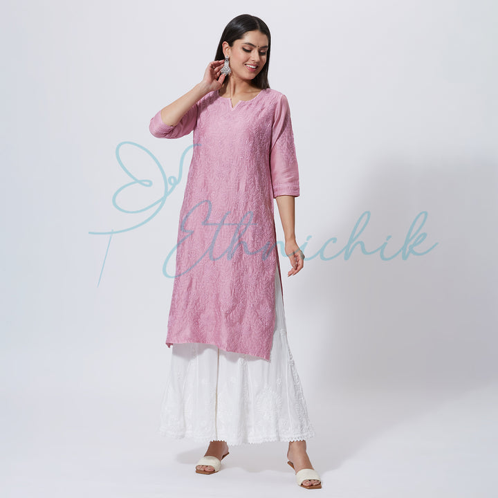 SADIA CHANDERI CHIKANKARI LONG KURTI