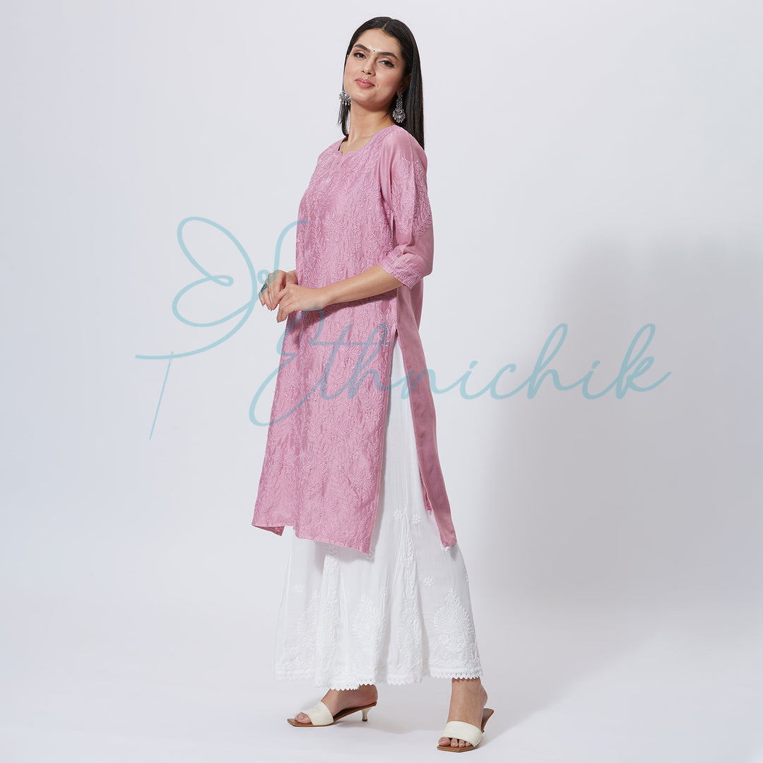 SADIA CHANDERI CHIKANKARI LONG KURTI