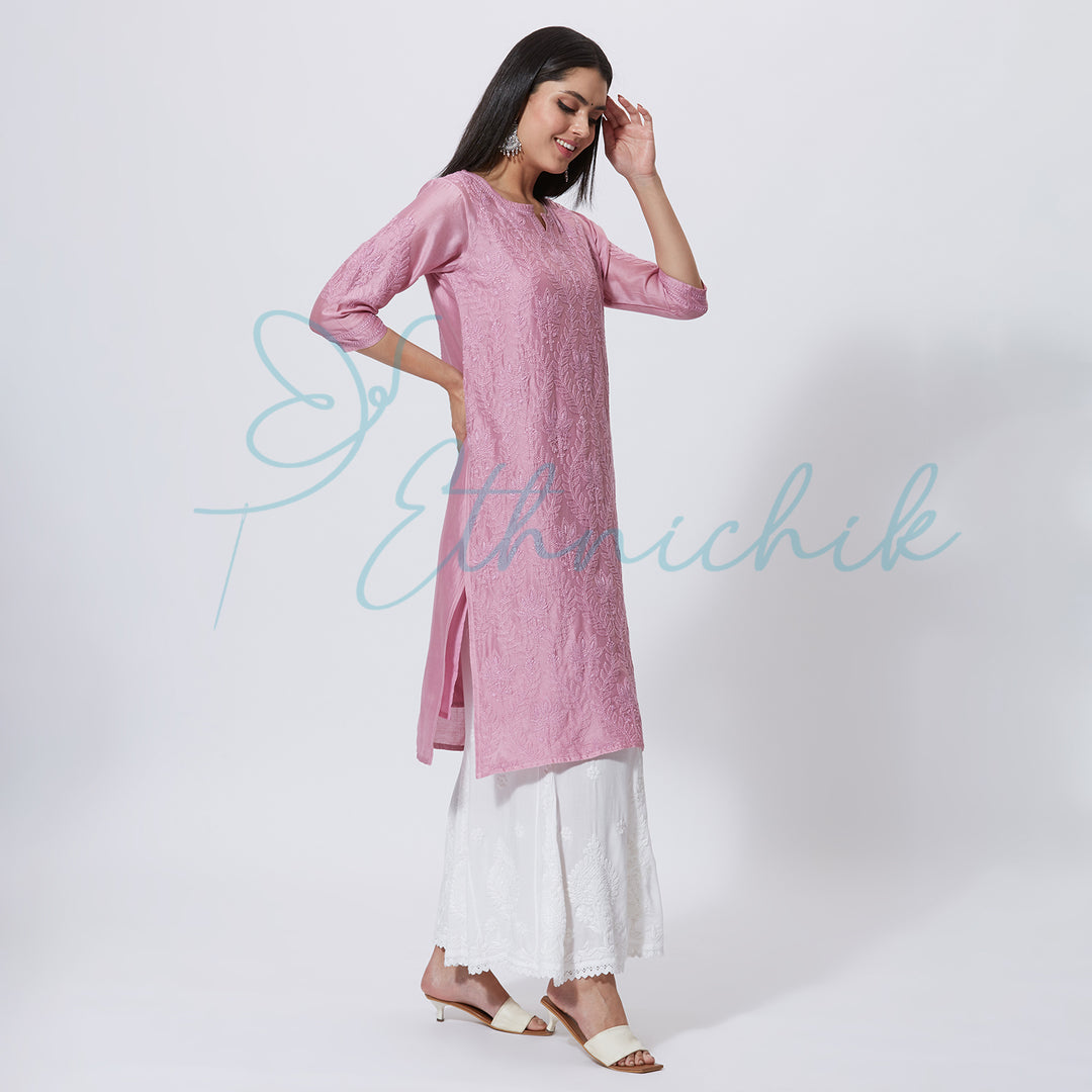 SADIA CHANDERI CHIKANKARI LONG KURTI