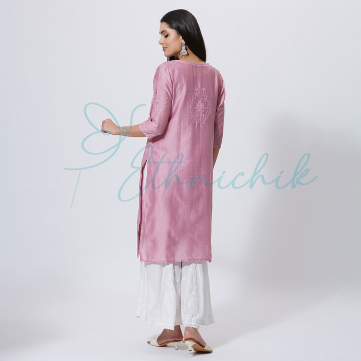 SADIA CHANDERI CHIKANKARI LONG KURTI