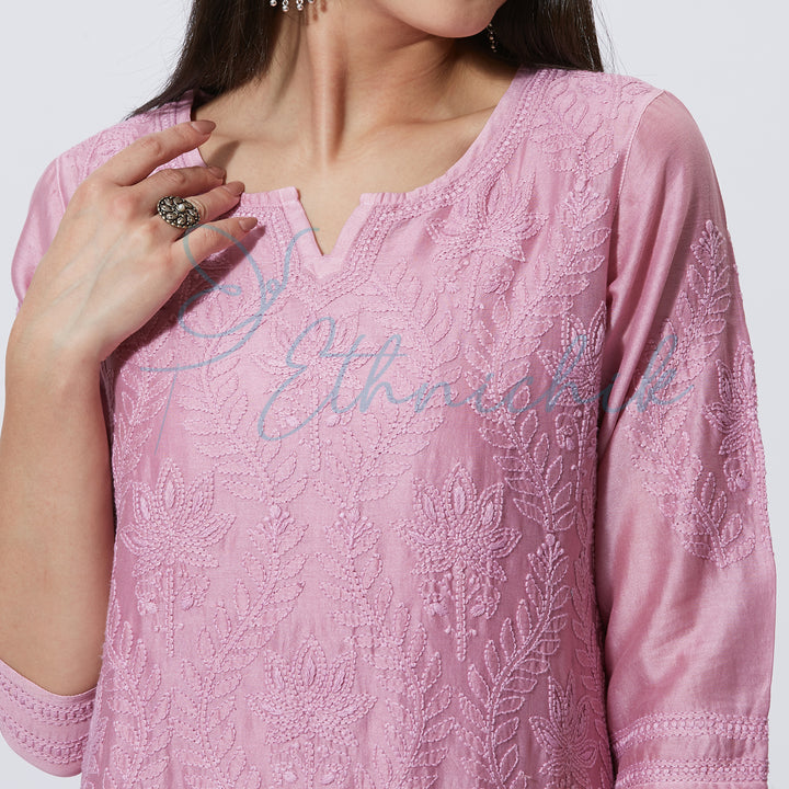 SADIA CHANDERI CHIKANKARI LONG KURTI