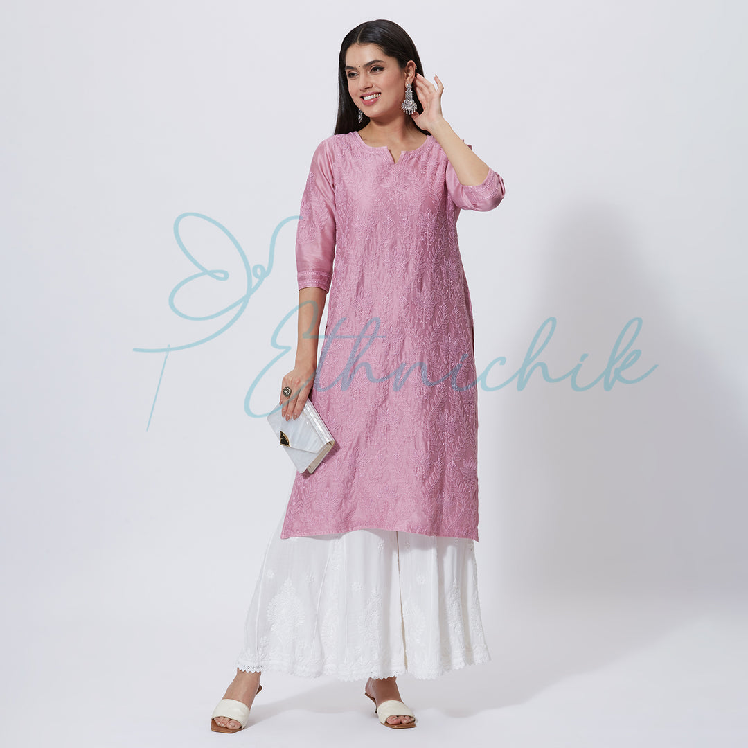 SADIA CHANDERI CHIKANKARI LONG KURTI