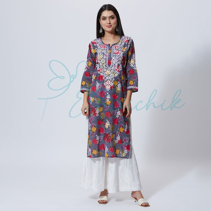 NASREEN PRINTED CHIKANKARI LONG KURTI