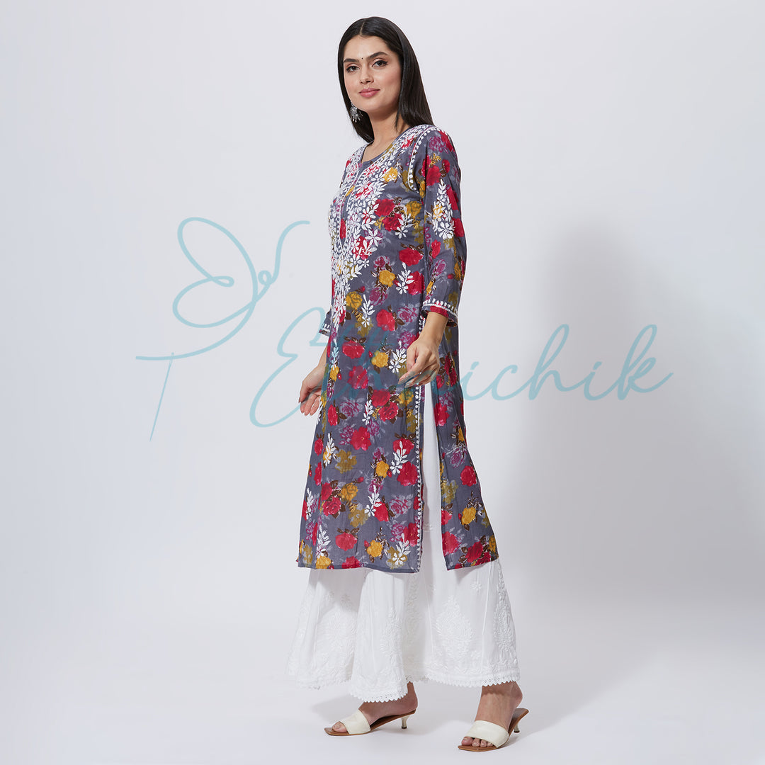 NASREEN PRINTED CHIKANKARI LONG KURTI