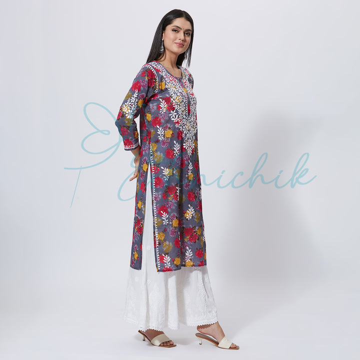 NASREEN PRINTED CHIKANKARI LONG KURTI