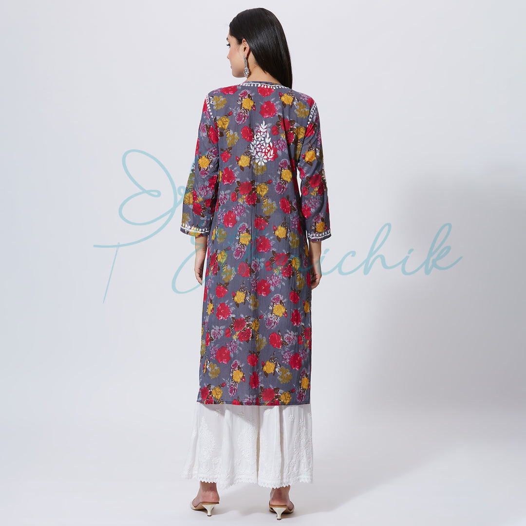 NASREEN PRINTED CHIKANKARI LONG KURTI