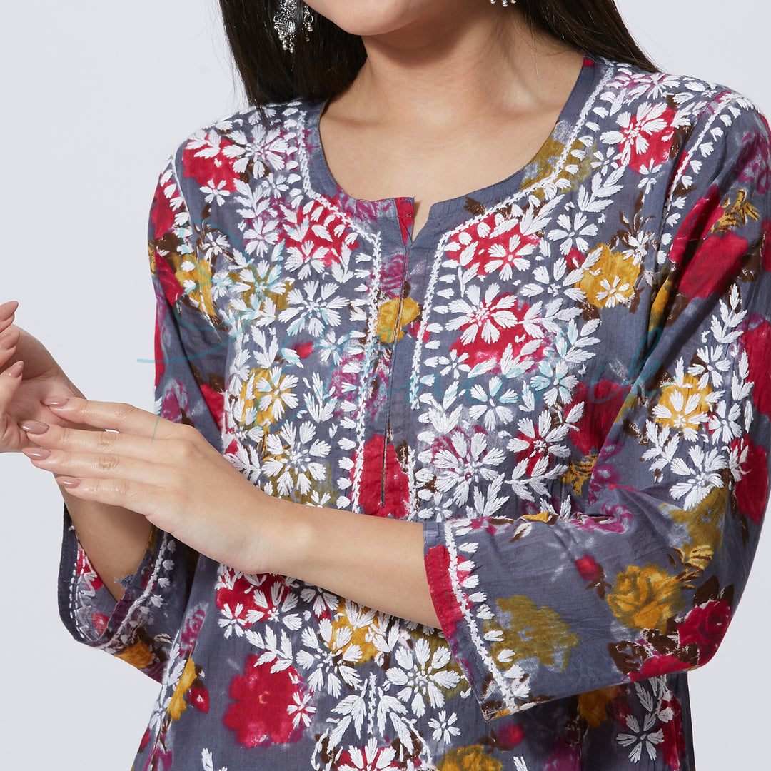 NASREEN PRINTED CHIKANKARI LONG KURTI