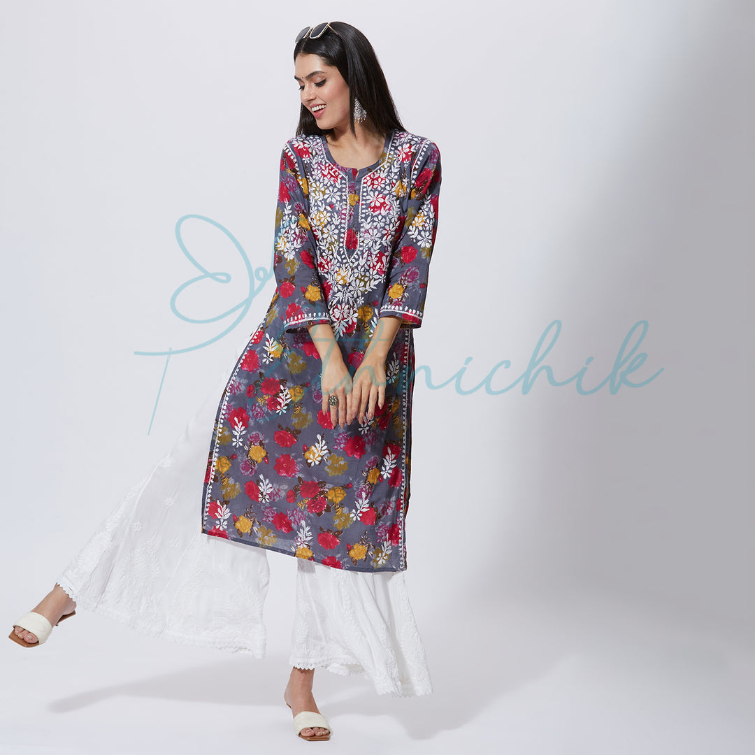 NASREEN PRINTED CHIKANKARI LONG KURTI