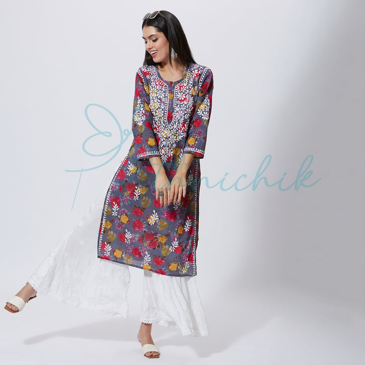 NASREEN PRINTED CHIKANKARI LONG KURTI