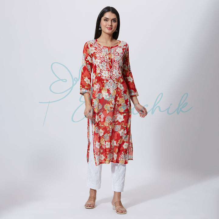 NASREEN PRINTED CHIKANKARI LONG KURTI