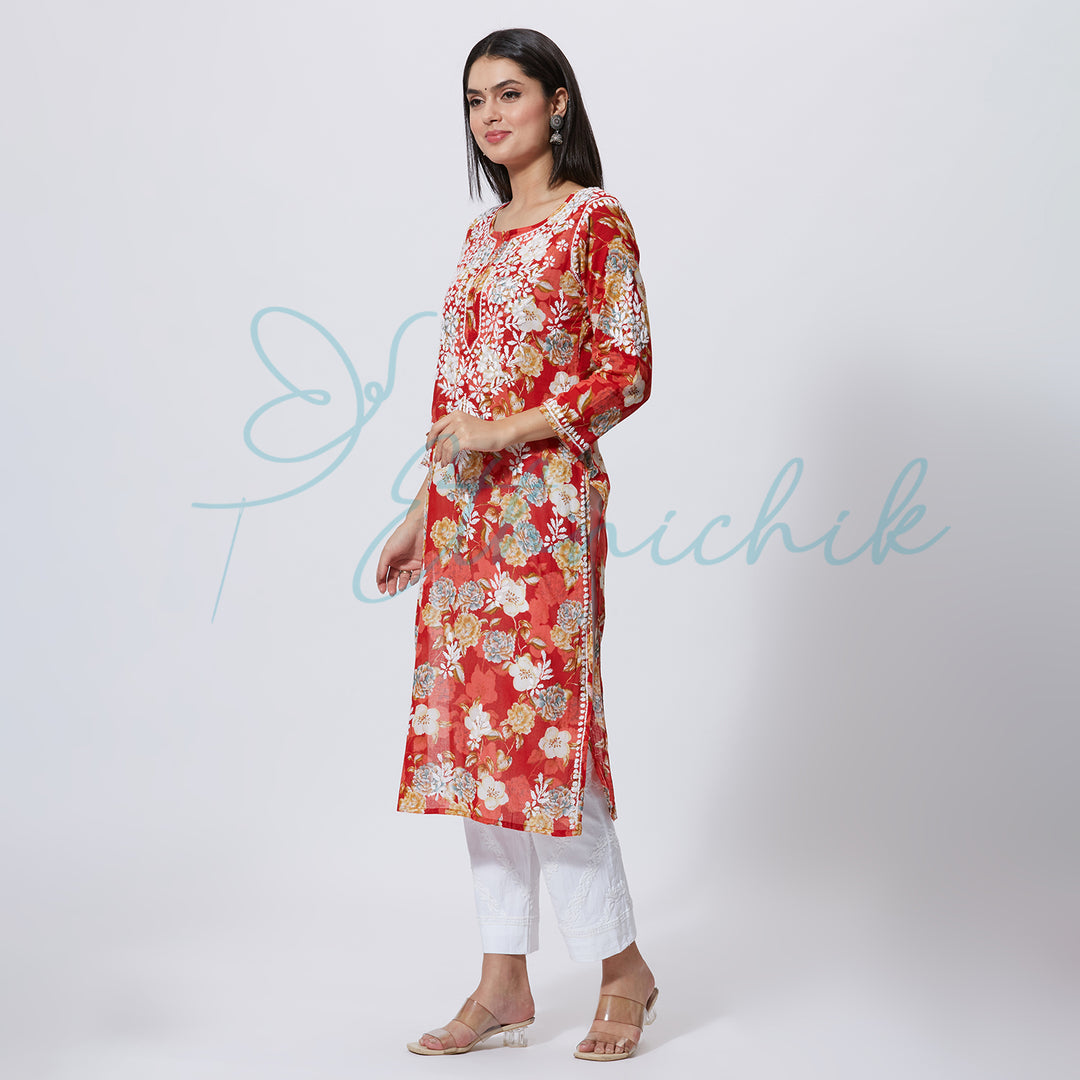 NASREEN PRINTED CHIKANKARI LONG KURTI