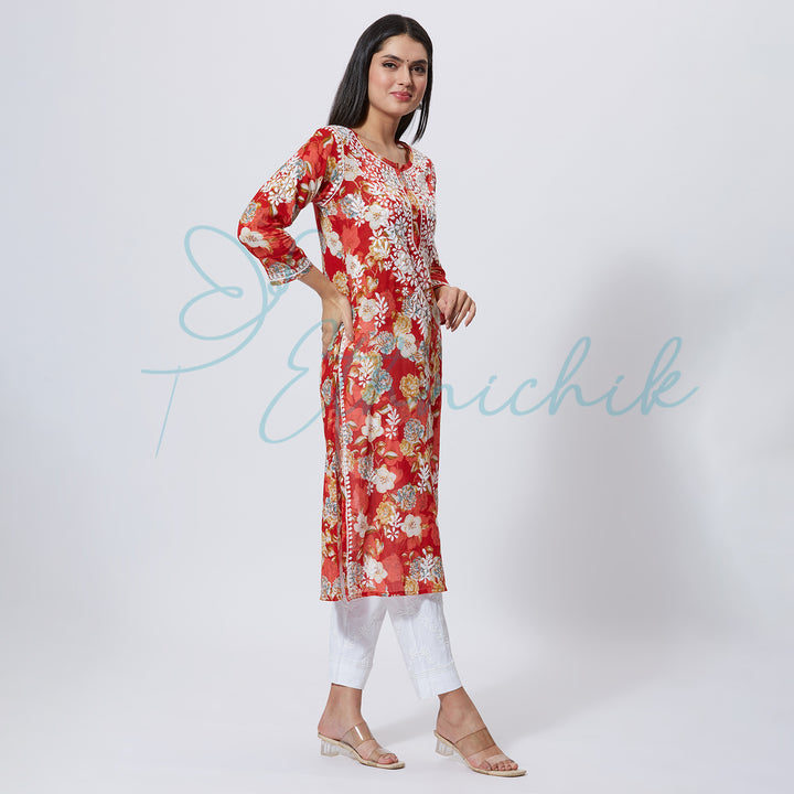 NASREEN PRINTED CHIKANKARI LONG KURTI