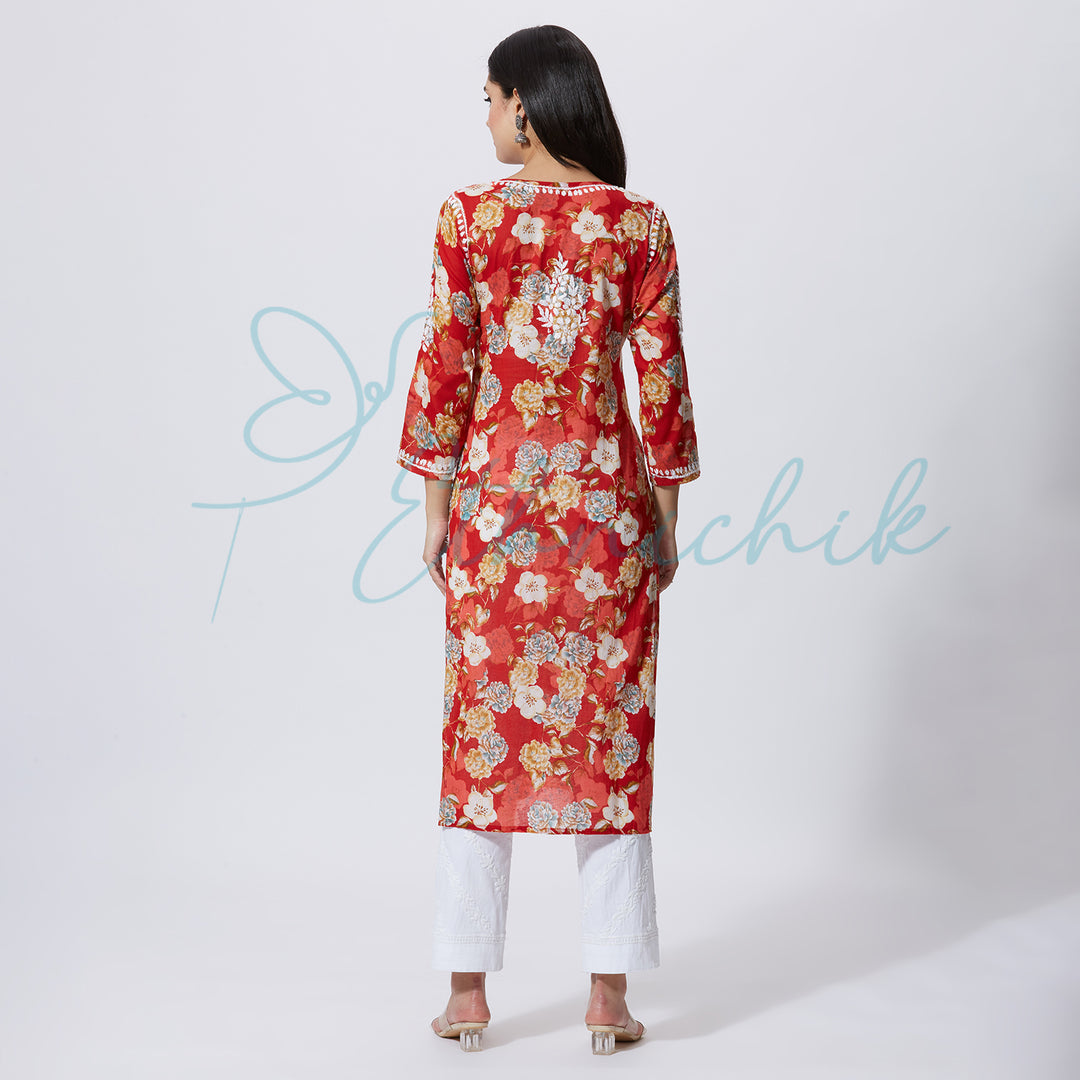 NASREEN PRINTED CHIKANKARI LONG KURTI