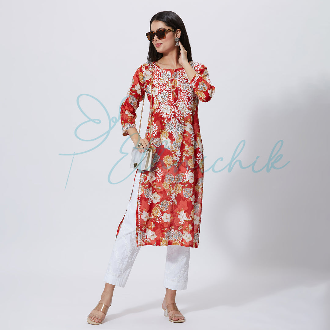 NASREEN PRINTED CHIKANKARI LONG KURTI