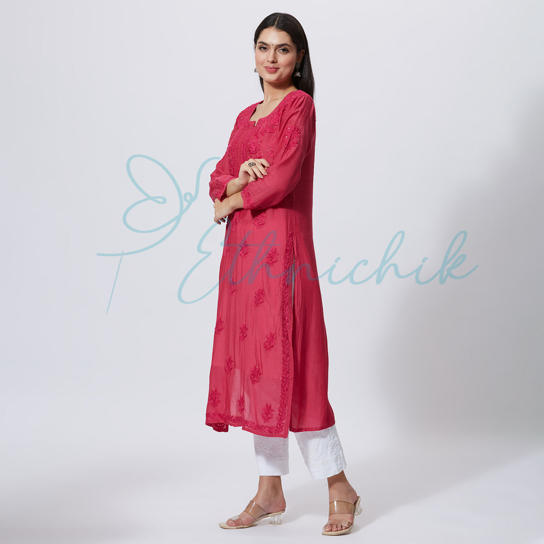 NAISHA MUSLIN CHIKANKARI LONG KURTI