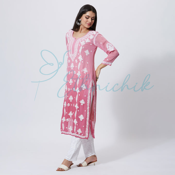 RANIYA GEORGETTE CHIKANKARI LONG KURTI