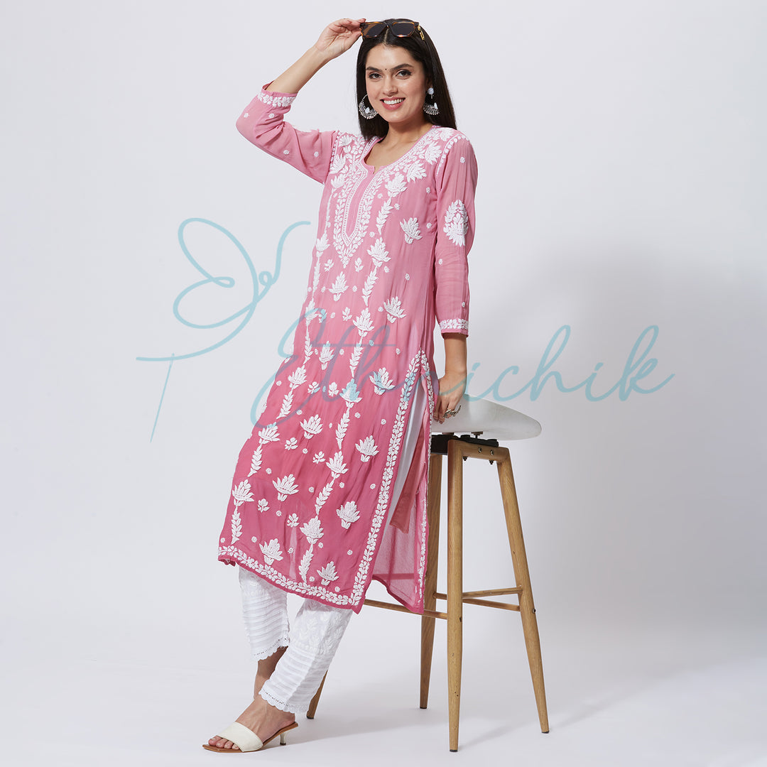 RANIYA GEORGETTE CHIKANKARI LONG KURTI