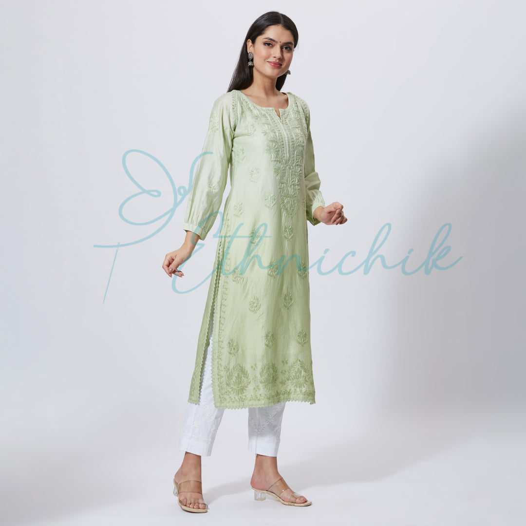 ESHA CHANDERI CHIKANKARI LONG KURTI