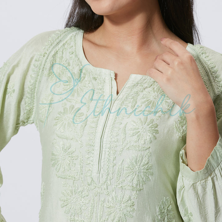 ESHA CHANDERI CHIKANKARI LONG KURTI