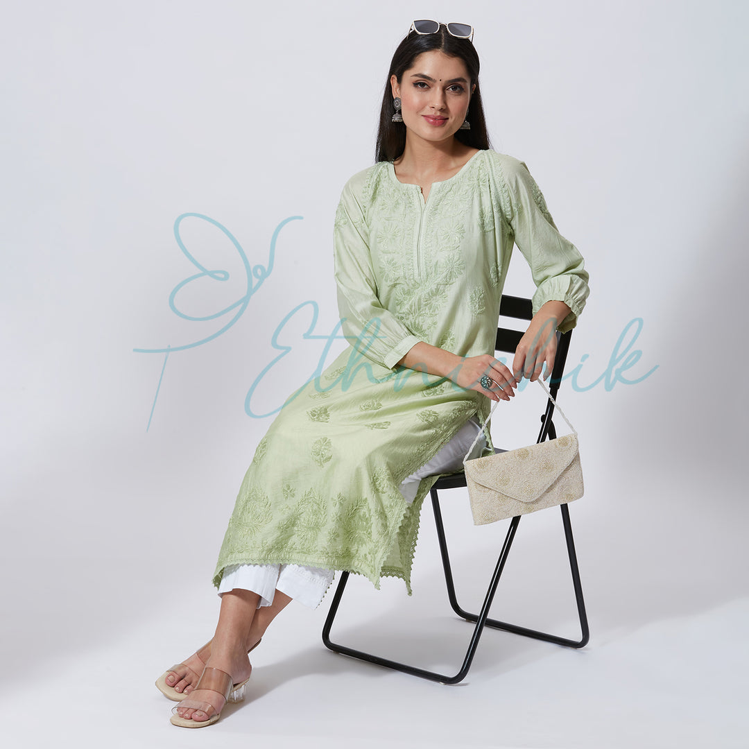 ESHA CHANDERI CHIKANKARI LONG KURTI