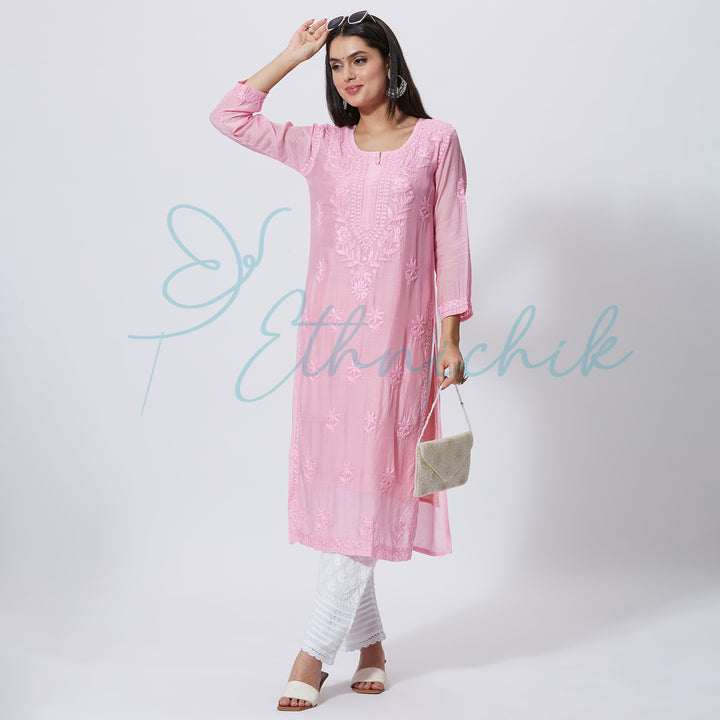 NAISHA MUSLIN CHIKANKARI LONG KURTI