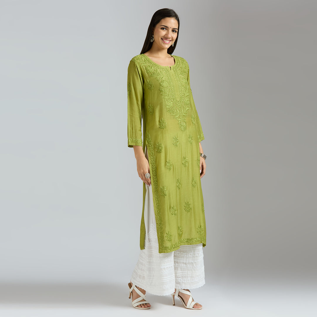 NAISHA MUSLIN CHIKANKARI LONG KURTI