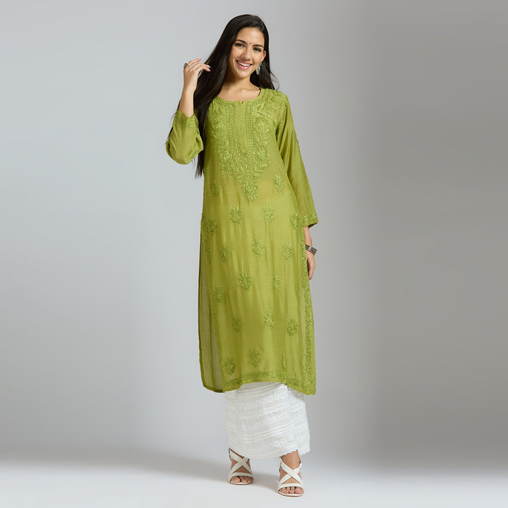 NAISHA MUSLIN CHIKANKARI LONG KURTI